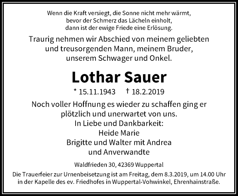  Traueranzeige für Lothar Sauer vom 02.03.2019 aus trauer.wuppertaler-rundschau.de