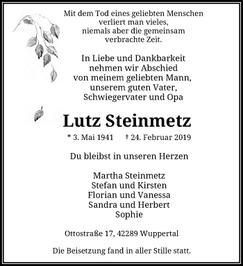 Traueranzeige von Lutz Steinmetz von trauer.wuppertaler-rundschau.de