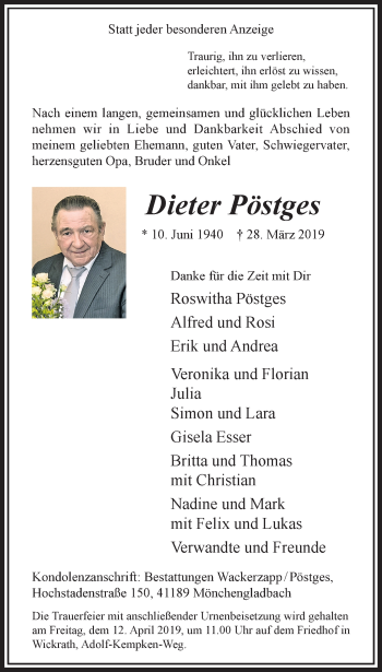 Traueranzeige von Dieter Pöstges von trauer.extra-tipp-moenchengladbach.de