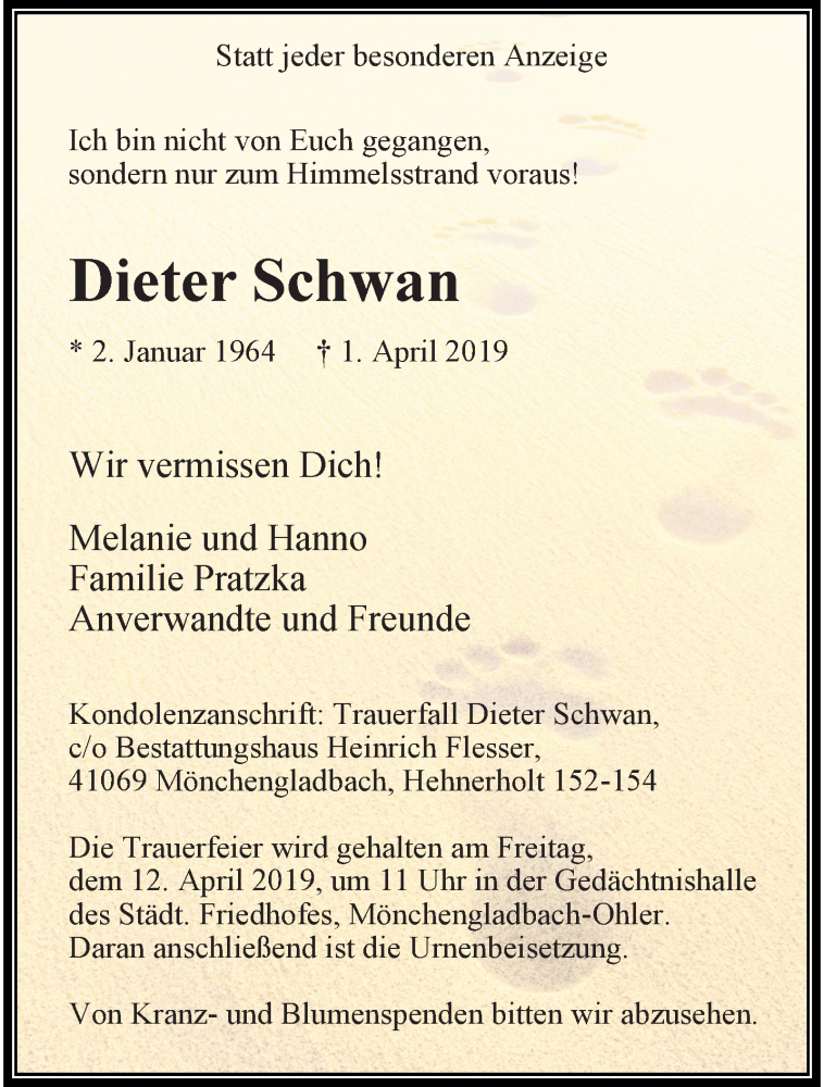  Traueranzeige für Dieter Schwan vom 07.04.2019 aus trauer.extra-tipp-moenchengladbach.de