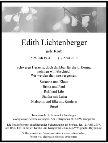 Traueranzeige von Edith Lichtenberger von trauer.wuppertaler-rundschau.de
