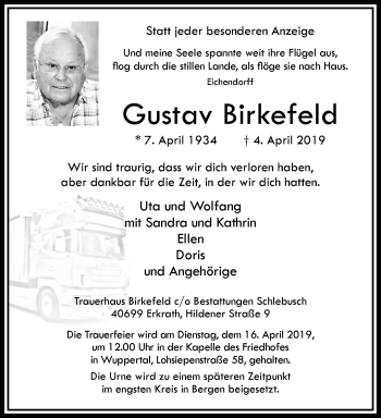 Traueranzeige von Gustav Birkefeld von trauer.wuppertaler-rundschau.de