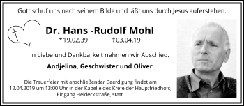 Traueranzeige von Hans-Rudolf Mohl von trauer.mein.krefeld.de