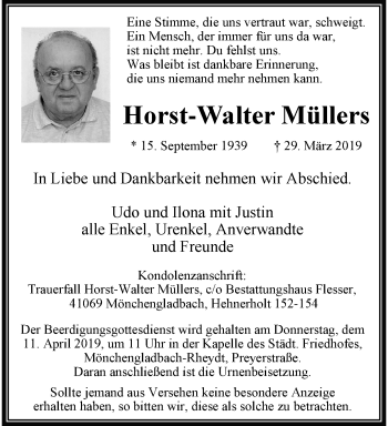 Traueranzeige von Horst-Walter Müllers von trauer.extra-tipp-moenchengladbach.de