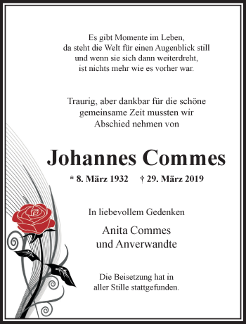 Traueranzeige von Johannes Commes von trauer.extra-tipp-moenchengladbach.de
