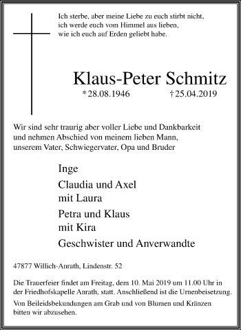 Traueranzeige von Klaus-Peter Schmitz von trauer.extra-tipp-moenchengladbach.de