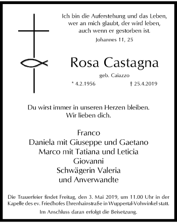 Traueranzeige von Rosa Castagna von trauer.wuppertaler-rundschau.de