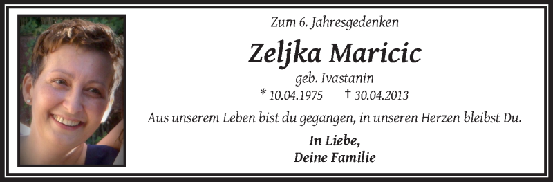  Traueranzeige für Zeljka Maricic vom 27.04.2019 aus trauer.wuppertaler-rundschau.de