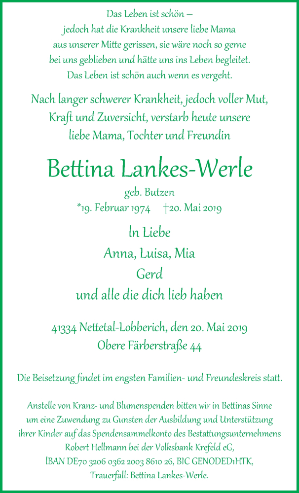  Traueranzeige für Bettina Lankes-Werle vom 26.05.2019 aus trauer.extra-tipp-moenchengladbach.de