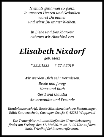 Traueranzeige von Elisabeth Nixdorf von trauer.wuppertaler-rundschau.de