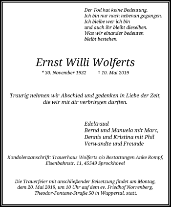 Traueranzeige von Ernst Willi Wolferts von trauer.wuppertaler-rundschau.de