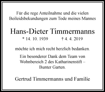 Traueranzeige von Hans-Dieter Timmermanns von trauer.extra-tipp-moenchengladbach.de
