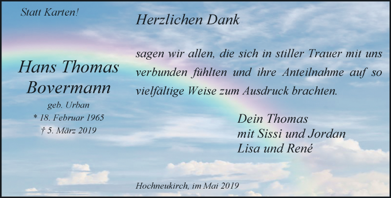  Traueranzeige für Hans Thomas Bovermann vom 01.05.2019 aus trauer.stadt-kurier.de