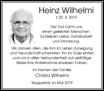 Traueranzeige von Heinz Wilhelmi von trauer.wuppertaler-rundschau.de