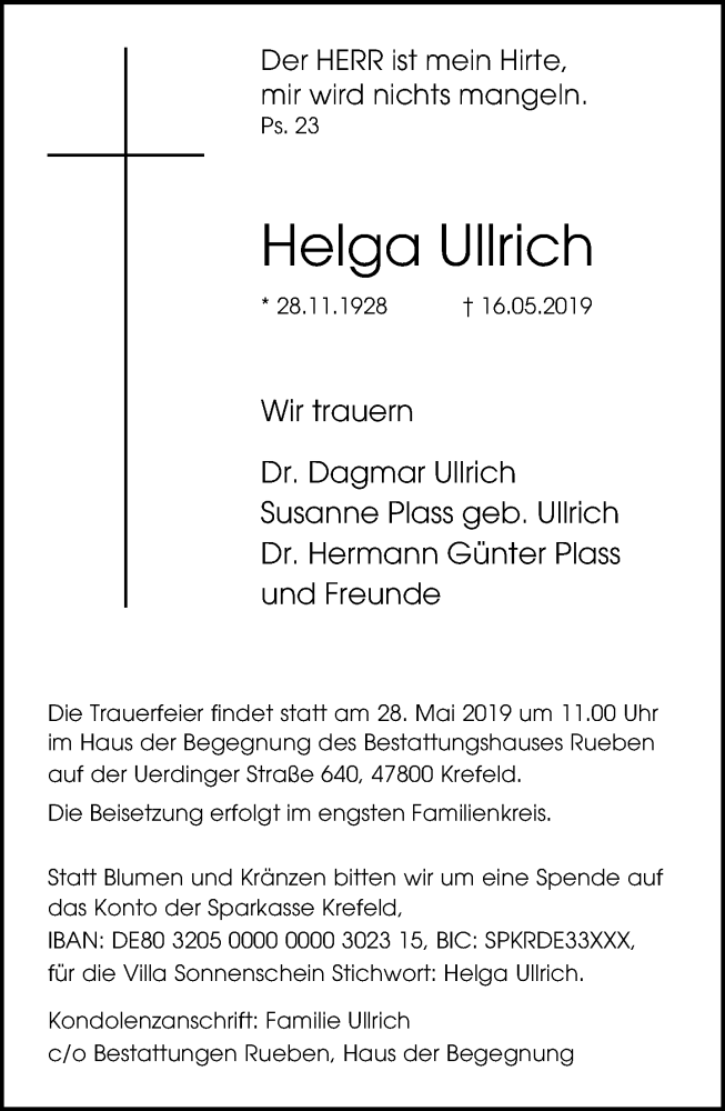  Traueranzeige für Helga Ullrich vom 26.05.2019 aus trauer.mein.krefeld.de