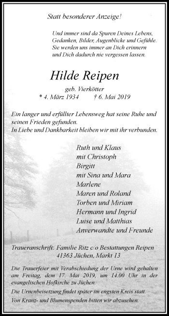 Traueranzeige von Hilde Reipen von trauer.stadt-kurier.de