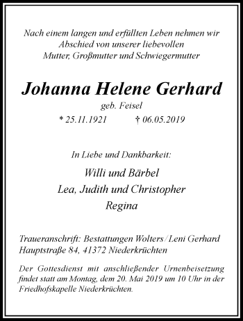 Traueranzeige von Johanna Helene Gerhard von trauer.extra-tipp-moenchengladbach.de