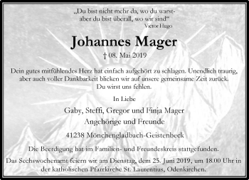 Traueranzeige von Johannes Mager von trauer.extra-tipp-moenchengladbach.de