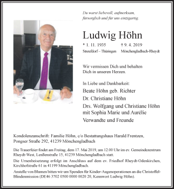 Traueranzeige von Ludwig Höhn von trauer.extra-tipp-moenchengladbach.de