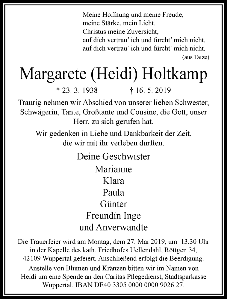  Traueranzeige für Margarete Holtkamp vom 25.05.2019 aus trauer.wuppertaler-rundschau.de