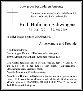 Traueranzeige von Ruth Hofmann-Schwingens von trauer.extra-tipp-moenchengladbach.de