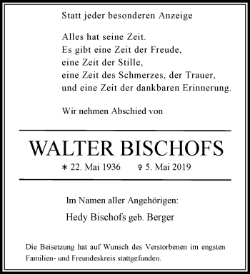 Traueranzeige von Walter Bischofs von trauer.extra-tipp-moenchengladbach.de