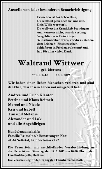 Traueranzeige von Waltraud Wittwer von trauer.extra-tipp-moenchengladbach.de