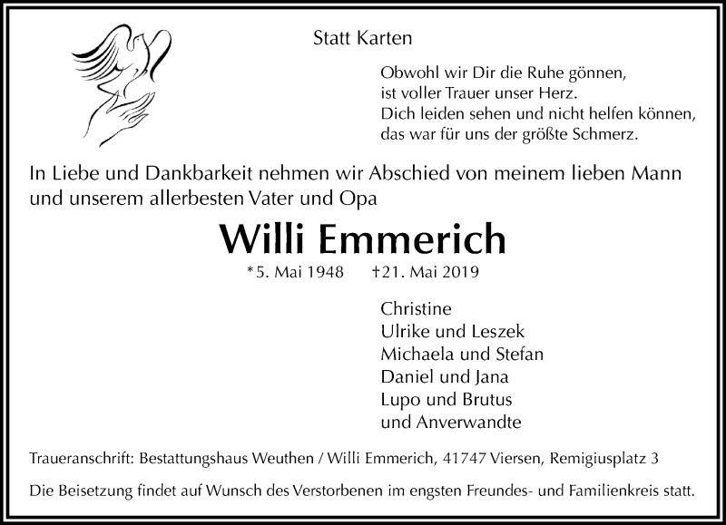  Traueranzeige für Willi Emmerich vom 26.05.2019 aus trauer.extra-tipp-moenchengladbach.de