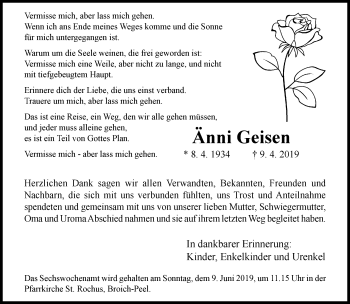 Traueranzeige von Änni Geisen von trauer.extra-tipp-moenchengladbach.de