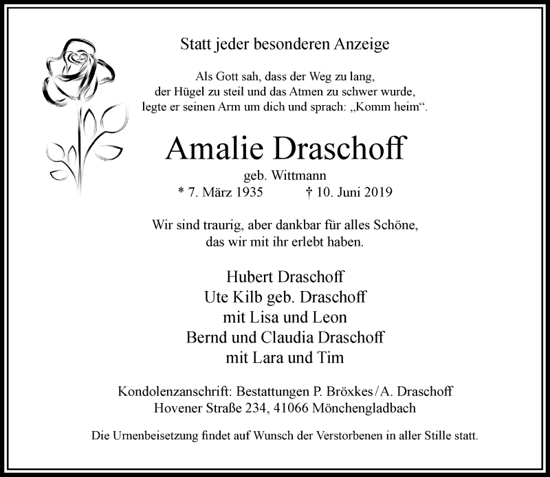  Traueranzeige für Amalie Draschoff vom 23.06.2019 aus trauer.extra-tipp-moenchengladbach.de