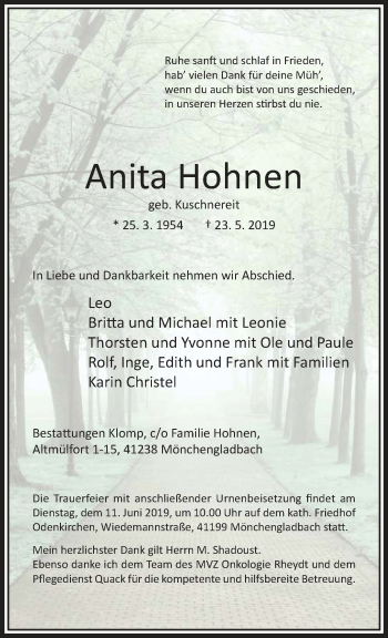 Traueranzeige von Anita Hohnen von trauer.extra-tipp-moenchengladbach.de