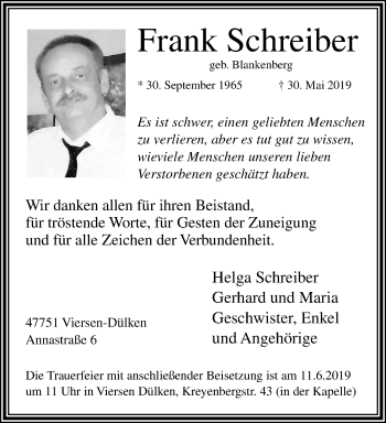 Traueranzeige von Frank Schreiber von trauer.extra-tipp-moenchengladbach.de