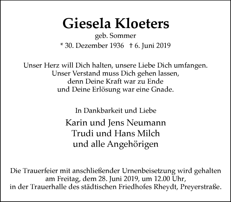  Traueranzeige für Giesela Kloeters vom 23.06.2019 aus trauer.extra-tipp-moenchengladbach.de