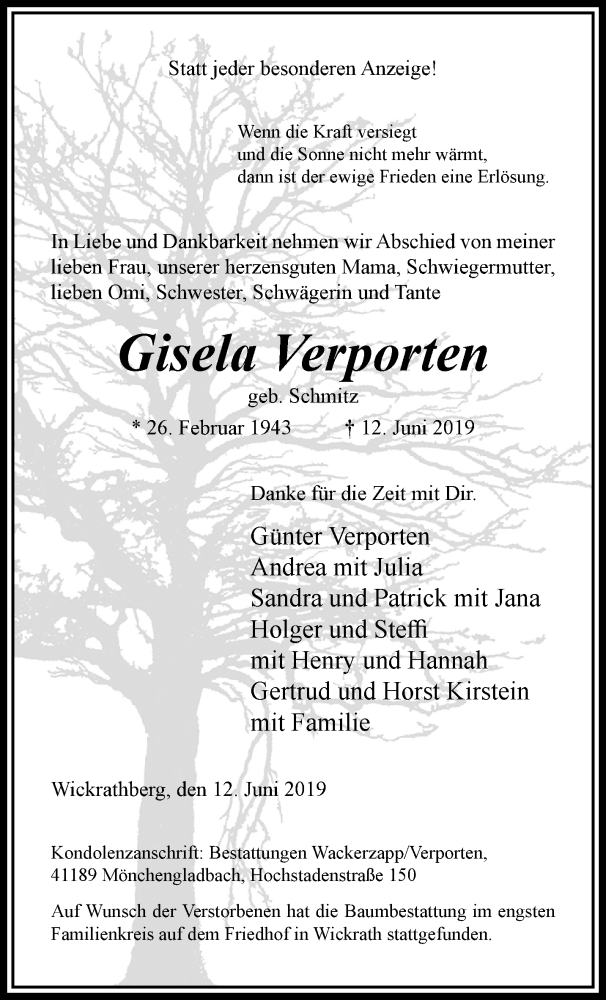  Traueranzeige für Gisela Verporten vom 23.06.2019 aus trauer.extra-tipp-moenchengladbach.de