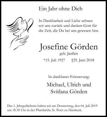 Traueranzeige von Josefine Görden von trauer.extra-tipp-moenchengladbach.de