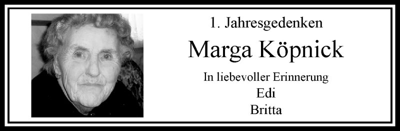  Traueranzeige für Marga Köpnick vom 22.06.2019 aus trauer.wuppertaler-rundschau.de
