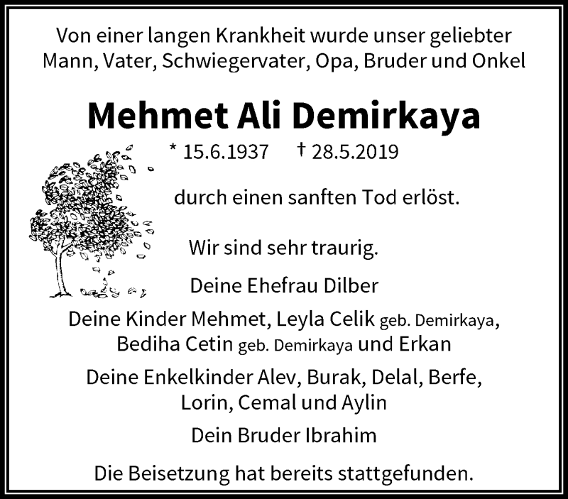  Traueranzeige für Mehmet Ali Demirkaya vom 22.06.2019 aus trauer.wuppertaler-rundschau.de