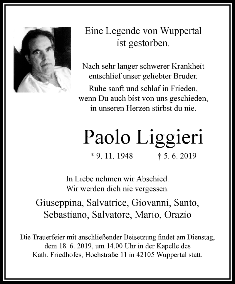  Traueranzeige für Paolo Liggieri vom 15.06.2019 aus trauer.wuppertaler-rundschau.de