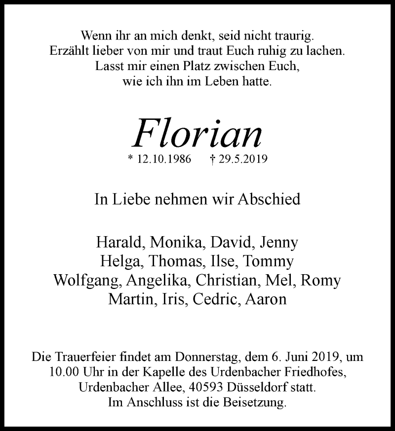  Traueranzeige für Florian  vom 05.06.2019 aus Düsseldorfer Anzeiger
