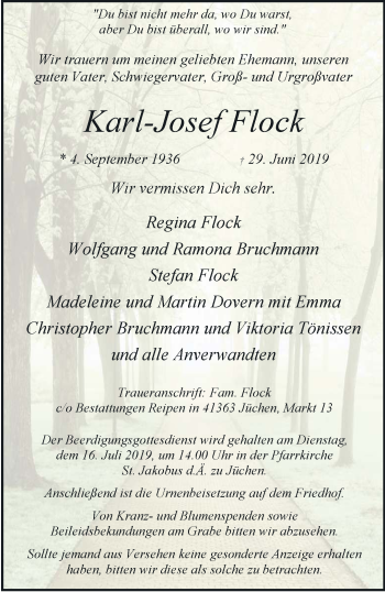Traueranzeige von Karl-Josef Flock von trauer.stadt-kurier.de