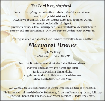 Traueranzeige von Margaret Breuer von trauer.stadt-panorame.de