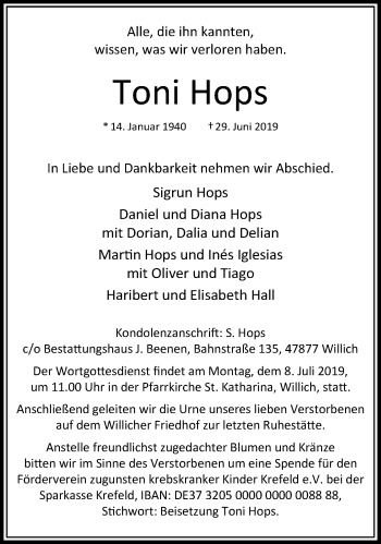 Traueranzeige von Toni Hops von trauer.extra-tipp-moenchengladbach.de