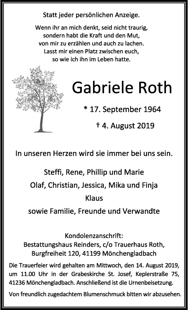  Traueranzeige für Gabriele Roth vom 11.08.2019 aus trauer.extra-tipp-moenchengladbach.de