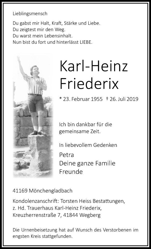  Traueranzeige für Karl-Heinz Friederix vom 25.08.2019 aus trauer.extra-tipp-moenchengladbach.de