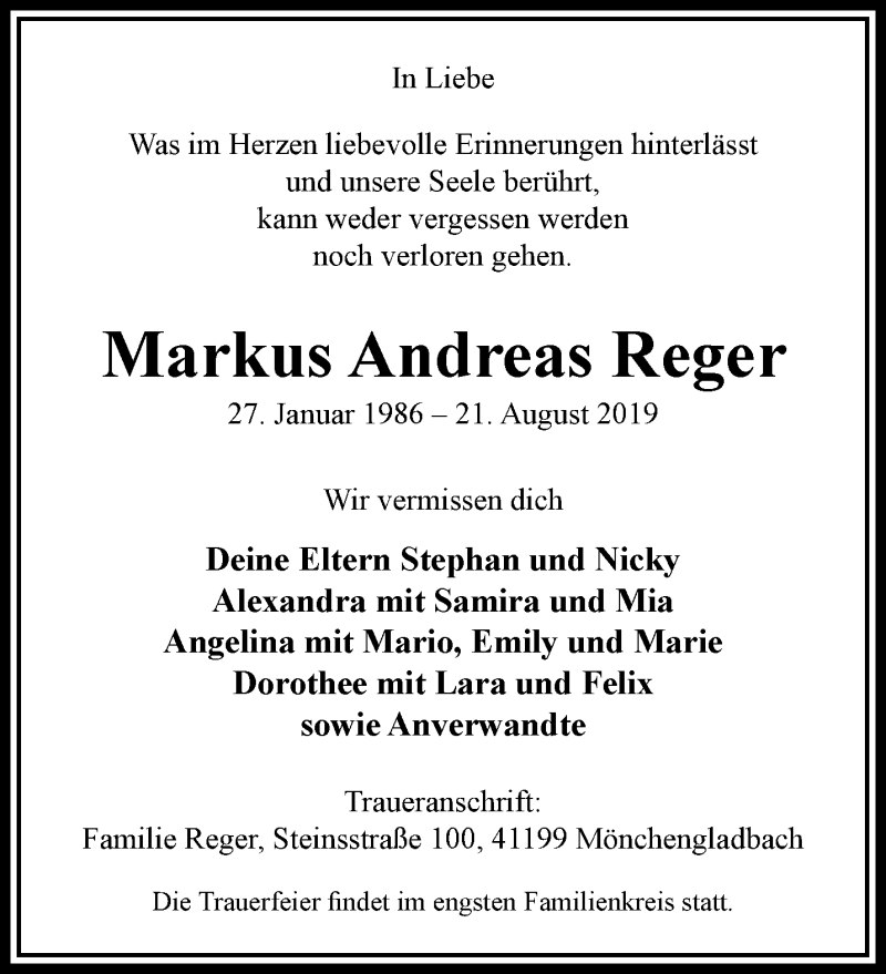  Traueranzeige für Markus Andreas Reger vom 01.09.2019 aus trauer.extra-tipp-moenchengladbach.de
