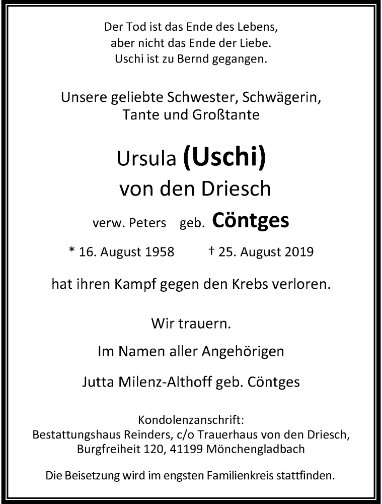  Traueranzeige für Ursula  von den Driesch vom 01.09.2019 aus trauer.extra-tipp-moenchengladbach.de