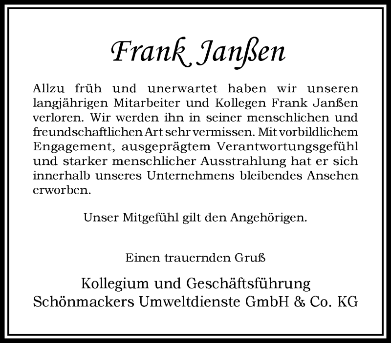  Traueranzeige für Frank Janßen vom 15.09.2019 aus trauer.extra-tipp-moenchengladbach.de