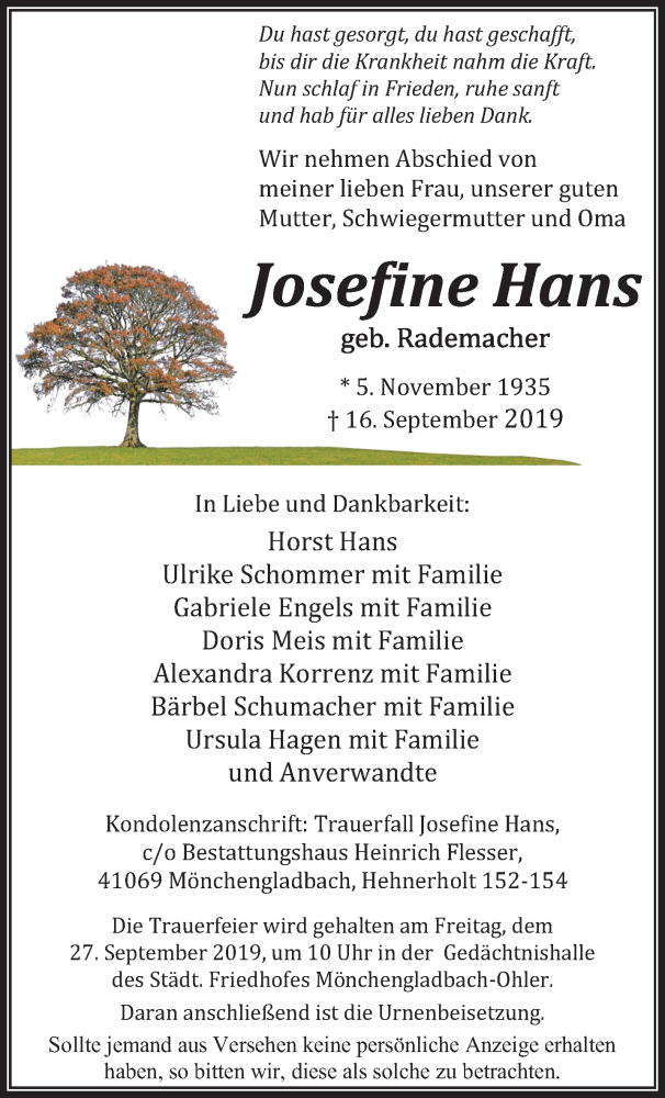 Traueranzeige für Josefine Hans vom 22.09.2019 aus trauer.extra-tipp-moenchengladbach.de
