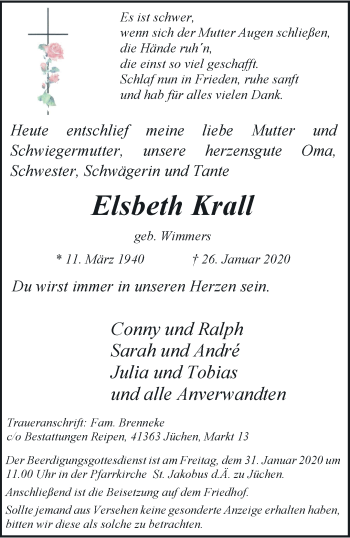 Traueranzeige von Elsbeth Krall von trauer.stadt-kurier.de