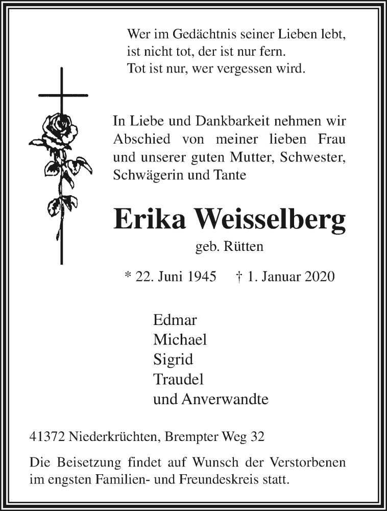  Traueranzeige für Erika Weisselberg vom 05.01.2020 aus trauer.extra-tipp-moenchengladbach.de